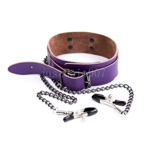 Bondage Real Leather Buckled Chain Restraints Neck Collar Prop Clips Clamp Cuffs Cosplay # R45