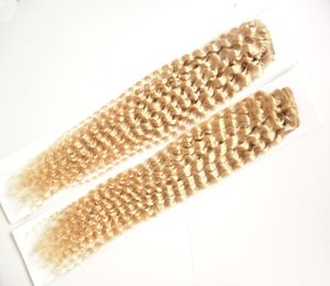 613 lixívia loira brasileiro kinky curly virgem cabelo humano weave bundles 2 peça / lote qualidade de trama dupla, nenhum derramamento, emaranhado livre