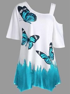 Womens Fashion Butterfly Print Tunic T-shirt Summer Cotton Tshirt Women Crop Top Short Sleeves Shirt Plus Size S-5XL