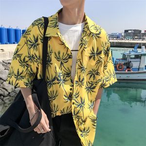 Casual växtutskrift fritid tunna lapel kortärmad blomma färg män skjorta 2018 sommar chiffong hawaiian lösa skjortor homme