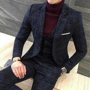 Winter Fashion Navy Blue Plaid Groom Tuxedo Utmärkt Man Blazer Notch Lapel One Knapp Män Business Dinner Prom Suit (Jacket + Pants + Tie + Vest)