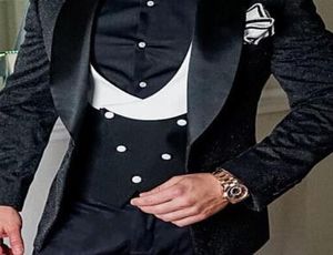 Sıcak Satış Bir Düğme Siyah desen Düğün Damat Smokin Şal Yaka Groomsmen Erkek Akşam Yemeği Blazer Suits (Ceket + Pantolon + Yelek + Kravat) NO: 1520