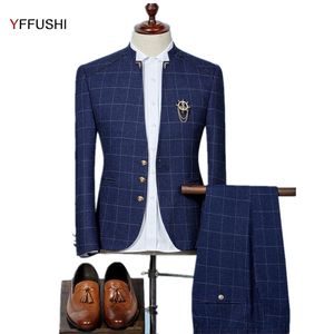 YFFUSHI 2018 2 Pieces Men Suit Men Stand Collar Navy Suits Classic Plaid Design Tuxedo Wedding Suits for Design Slim 6XL