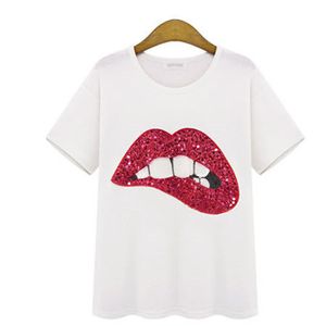 Sommer Marke T Shirt Frauen Tops T-shirt Stickerei Lippen Baumwolle Kurzarm T-shirt Frauen Tops Tees