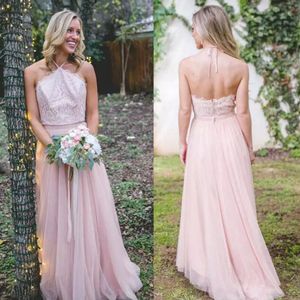 Newest Blush Pink Bridesmaid Dresses A Line Lace Top Halter Neck Backless Maid of Honor Gowns Western Country Wedding Guest Dress