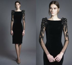 Chana marelus svart cockatail klänningar långärmad smal passform 3d blommiga applikationer pärlstav elegant prom klänning kväll bär knä längd formell