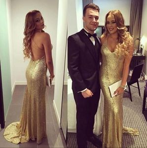 Fall 2018 Latest Long Gold Evening Dresses Backless Spaghetti Straps Mermaid Criss Cross Straps Sparkly Sequined Sexy Tight Prom Dresses