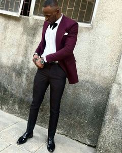 Burgundy Mens Suits Slim Fit Two Pieces Groomsmen Wedding Tuxedos For Men Shawl Lapel One Button Formal Prom Suit (Jacket+Pants+Bow Tie)