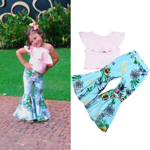 Nuovi vestiti per ragazze per bambini Set Neonate con spalle scoperte Top con volant Flare floreale Pantaloni lunghi a zampa d'elefante Abbigliamento per bambini Abiti di moda Set