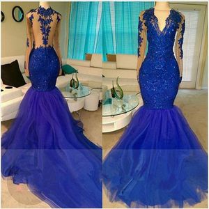 Royal Blue Mermaid Prom Dresses Sheer v Neck Long Sleeves Evening Gowns With Lace Appliques Tulle Sweep Train Formal Party Dress Vestidos