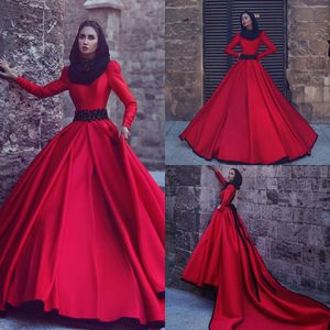 Brand New Muslim Prom Dress Red Satin High Collar Long Sleeve Ball Gown Evening Dresses With Detachable Sweep Train