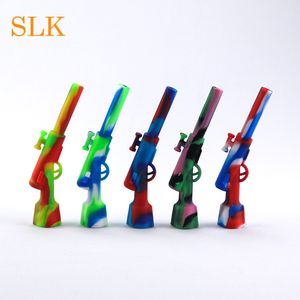 New Gun Mini Rifle Silicone Smoking Pipes With Metal Bowl Cigarette Water Bong Glass Oil Burner Easy Cleaning Carry