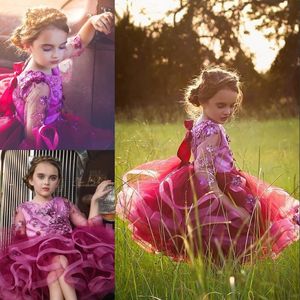 Fluffy Ball Gown Flower Girls Dresses Jewel Neck Beads Petals Applique Sheer 3/4 Sleeve Birthday Dresses Cute Knee Length Girls Pageant Dres