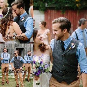 2021 Country Groom Västar Farm Bröllopsfest Mörkgrå Ull Sillben Tweed Custom Made Slim Fit Mens Dräktkläder Vest Waistcoat Dress