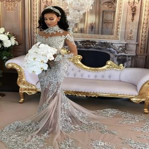 Sparkly Sexig Bröllopsklänning 2020 Sheer Bling Beaded Lace Applique High Neck Illusion Långärmad Champagne Mermaid Chapel Bridal Gowns