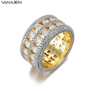 VANAXIN Bling Bling CZ Crystal Wide Ring Unisex Punk Hip Hop Anelli Donna Uomo Zirconi Oro Argento Colore Trendy Party Jewelry
