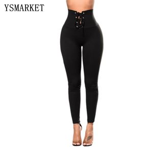 Black Lace Up High Waist Cincher Leggings Women Hollow Out Full Length Skinny Leggins Sexy Butt Lifting Trousers E79946