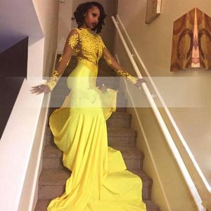 Nuovi abiti da sera in pizzo giallo africano nigeriano applique lunghe maniche a illusione abiti da sera convenzionali abiti da ballo su misura