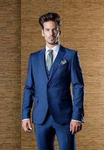 Royal Blue Three Pieces Mens Suits Slim Fit Bröllop Grooms Tuxedos Två knappar Notched Lapel Formell Prom Suit (Jacket + Pants + Vest)
