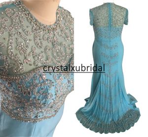 New Blue Mermaid Mother Of The Bride Dresses Illusion Jewel Neck Crystal Beading Plus Size Short Sleeves Chiffon Wedding Guest Gowns