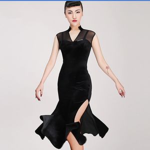 Frete grátis adulto/menina vestido de dança latina salsa tango chacha competição de salão vestido de dança malha costura sexy gola v vestido de veludo