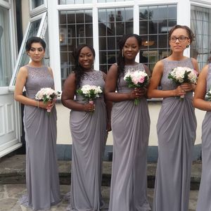 Nigerian Gray African New Bridesmaid Dresses Cheap Bateau Neck Floor Length Pleats Court Train Maid Of Honor Dress Brautjungfer Kleider