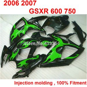 Injection molding fairing kit for SUZUKI GSXR600 GSXR750 2006 2007 green flames in black fairings GSXR 600 750 06 07 TT52