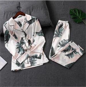 Fdfklak Wiosna Jesień Piżamy Kobiety Noc Garnitury Dwuczęściowe Setwear Zestaw Z Długim Rękawem Silk Pajamas Pijama Womens Loungewear Q1198