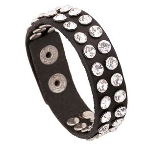 New Fashion Vintage Transparent Rhinestone Rivets Black Leather Bracelet Punk Leather Wristband Snap Fastener Jewelry Accessories Wholesale