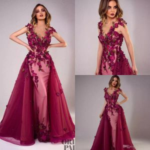 Tony Chaaya 2020 Evening Dresses Avtagbara Tåg Burgundy Pärlor Mermaid Party Gowns Lace Applique Ärmlös Lyxig Long Prom Dress
