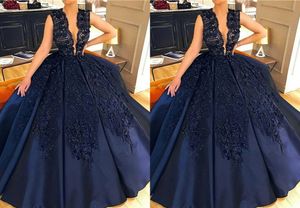 Amazing Navy Quinceanera Prom Dress Deep V neck Lace Sequins Beaded Satin Long Cheap Sweet 16 Ball Gowns Formal Evening Dress New 2019
