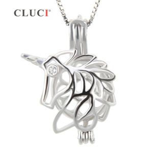 CLUCI moda 925 srebro klatka z jednorożcem wisiorek dla kobiet dzięki czemu naszyjnik z pereł biżuteria 3 sztuk S18101607
