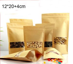 100pcs/lot 12*20+4cm food grade brown kraft bag bag with zipper ، sealing جيدة