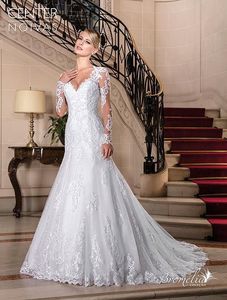 Elegant Full Lace A Line Wedding Dresses Vestidos De Noiva V Neck Sheer Long Sleeves Tulle Applique Wedding Bridal Gowns BA77813030