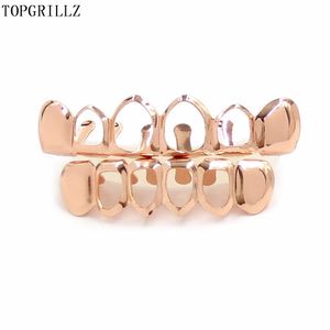 Grills Topgrillzreal glänsande! Ny anpassad passform Rose Gold Color Plated Vampire Four Open Face Hallow Gold Grillz Set for Christmas Gift.Party