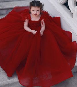 Red Feather Toddler Girls Pageant Dresses Sequined Square Neck Ball Gown Flower Girl Dress Floor Length Tulle Princess Kid Prom Gowns 407