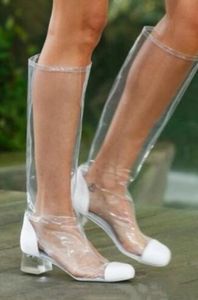 2018 Sexy Kobiety Kolano High Botki Botki PCV Clear Heel Runway Boots Damskie Buty PVC Buty Damskie Party Shoes Slip On