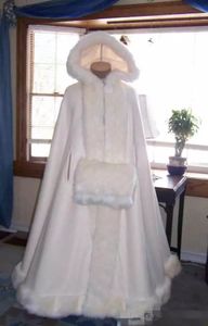 Günstige Braut Cape Elfenbein Hochzeit Umhänge mit Kapuze mit Kunstpelzbesatz knöchellang rot weiß Winter lange Wraps Jacke mit Kapuze Braut Cap273q