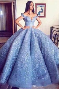 2019 Elegant Blue Prom Dresses Lace Ball Gown Cap Sleeve Lace up Back Formal Evening Dresses Gown Special Occasion Dress
