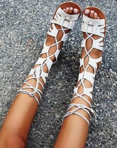 2018 women tall gladiator boots flat Heels Style cuts out mid calf mujer Botas Shoes Women fretwork lace up bootie