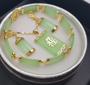 Natural Verde Jade 18KWGP Fortune Pingente Colar Gota Brinco conjunto Pulseira