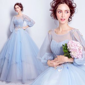 Is Blå Bröllopsklänningar 2019 Långärmad Romantisk En Linje Beach Fafe Evening Gowns Vestido de Noiva I lager