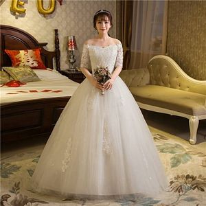 Off the Shoulder Wedding Dress Lace Applique Half Sleeves Beaded Tulle Lace Up Back Custom Made Princess Bridal Gowns