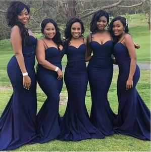 Spaghetti Straps African Mermaid Dark Navy Sheath Bridesmaid Gowns Low Back Wedding Guest Dresses Formal Party Prom Dress