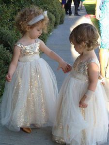 Sparkly Altın Payetli Spagetti Çiçek Kız Elbise Düğün Için Ucuz Çocuk Kız Parti Skit Pretty Bebek küçük kızlar pageant prenses Abiye