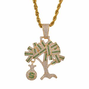 Collana con ciondolo albero fortunato in dollari USA Collana con ciondolo a catena libera Colore oro Zircone cubico Gioielli hip hop da uomo per regalo