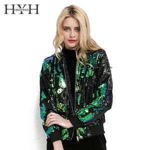 HYH HAOYIHUI Autumn Women Sequin Coat Green Bomber Jacket Long Sleeve Zipper Streetwear Tunic Loose Casual Basic Lady Outwear S1031