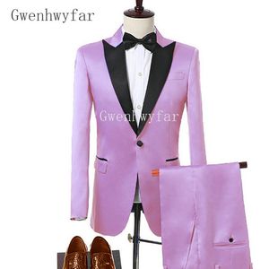 2018 Latest Fashion Pink Satin Men Suit Custom Made Big Size and Color Dinner Prom Mens Suits Groom Wedding Tuxedo Jacket Pants Piece