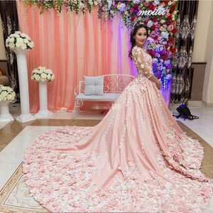 Delicate 3D Floral Colorful Wedding Dress Glamorous Pearls 3/4 Long Sleeves Sheer Jewel Neck Bridal Dress Middle-East Princess Chapel Train
