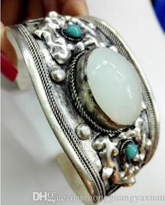 Charm White Moonstone Cuff Bracelet Bangle Tibet Silver Carved Unisex Present